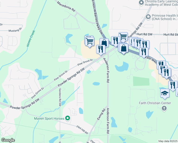 map of restaurants, bars, coffee shops, grocery stores, and more near 2817 Powder Springs Road Southwest in Marietta