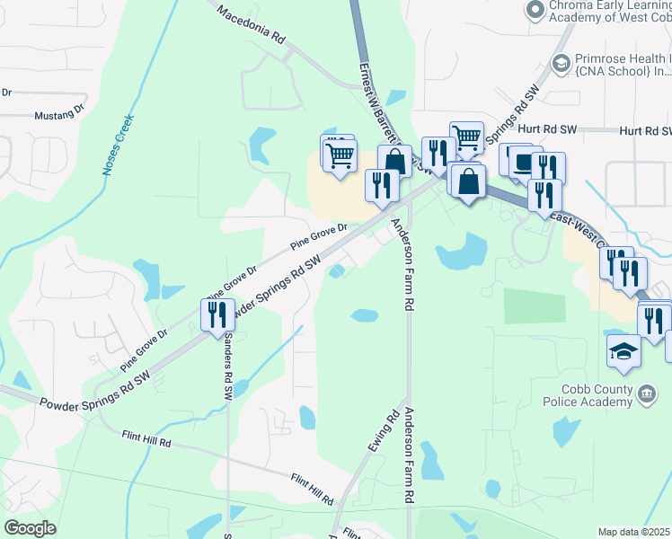 map of restaurants, bars, coffee shops, grocery stores, and more near 2817 Powder Springs Road Southwest in Marietta