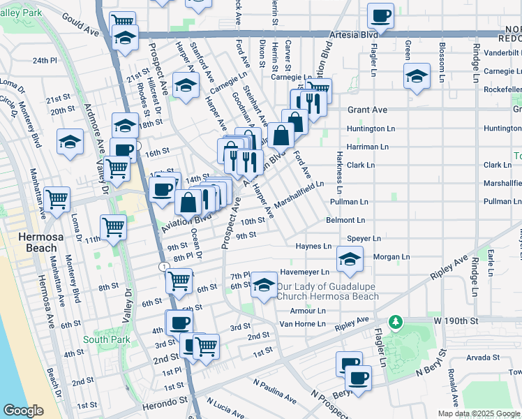 map of restaurants, bars, coffee shops, grocery stores, and more near 1242 11th Street in Hermosa Beach