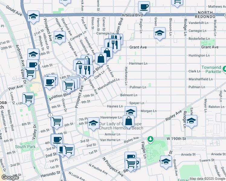 map of restaurants, bars, coffee shops, grocery stores, and more near 1111 Steinhart Avenue in Redondo Beach