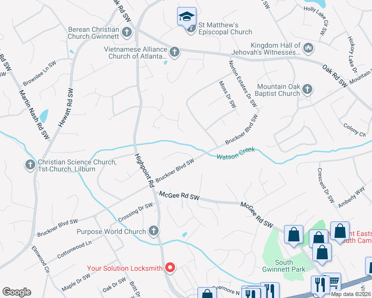 map of restaurants, bars, coffee shops, grocery stores, and more near 1771 Vertex Drive Southwest in Snellville