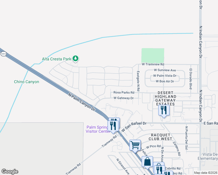 map of restaurants, bars, coffee shops, grocery stores, and more near 845 Ventana Ridge in Palm Springs