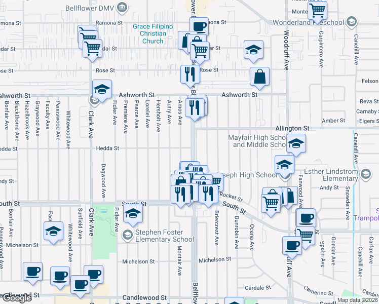map of restaurants, bars, coffee shops, grocery stores, and more near 6003 Bellflower Boulevard in Lakewood