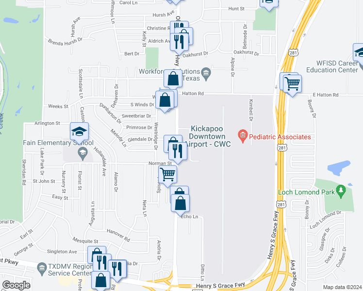 map of restaurants, bars, coffee shops, grocery stores, and more near 4607 Old Jacksboro Highway in Wichita Falls