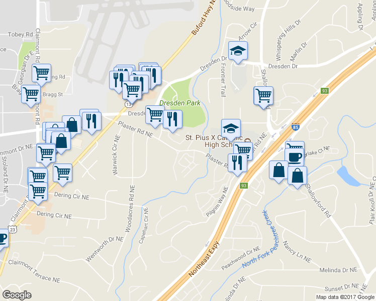 map of restaurants, bars, coffee shops, grocery stores, and more near 2258 Plaster Road Northeast in Atlanta