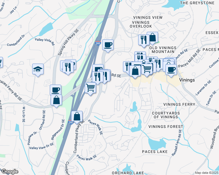map of restaurants, bars, coffee shops, grocery stores, and more near 2474 Cumberland Parkway Southeast in Atlanta