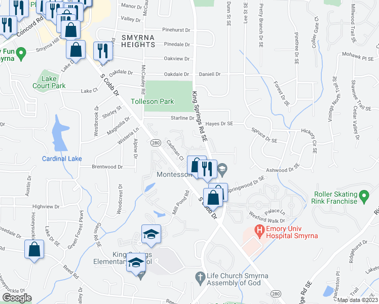 map of restaurants, bars, coffee shops, grocery stores, and more near 201 Stratford Chase in Smyrna