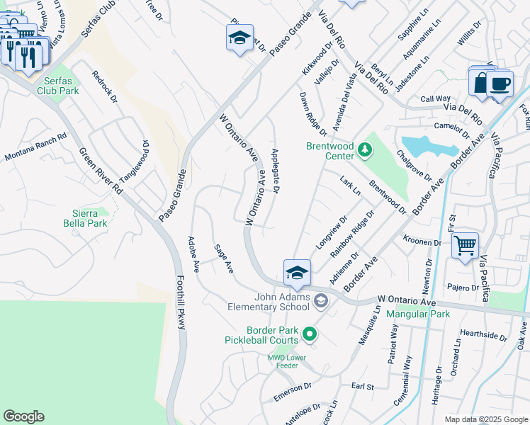 map of restaurants, bars, coffee shops, grocery stores, and more near 2076 Applegate Drive in Corona