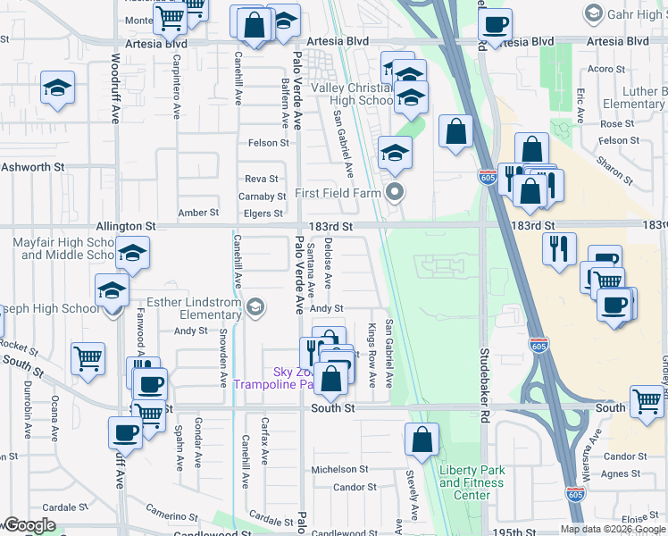 map of restaurants, bars, coffee shops, grocery stores, and more near 18418 Deloise Avenue in Cerritos
