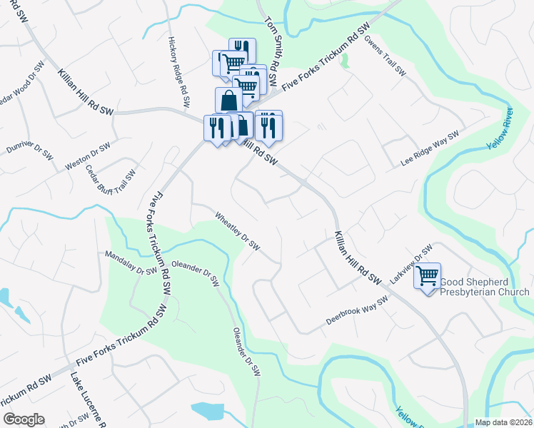 map of restaurants, bars, coffee shops, grocery stores, and more near 1093 Washington Lee Drive Southwest in Lilburn