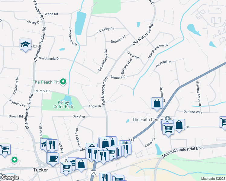 map of restaurants, bars, coffee shops, grocery stores, and more near 3644 Lakeside Court in Tucker