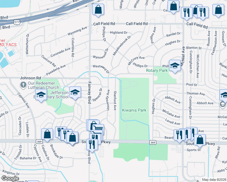 map of restaurants, bars, coffee shops, grocery stores, and more near 4614 Stanford Avenue in Wichita Falls