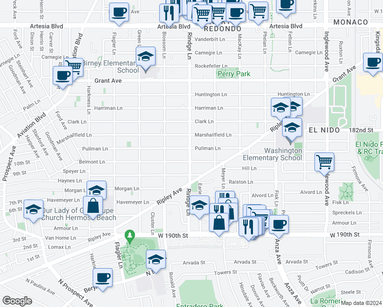 map of restaurants, bars, coffee shops, grocery stores, and more near 1010 Rindge Lane in Redondo Beach