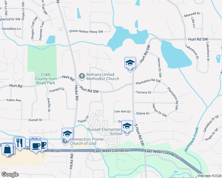 map of restaurants, bars, coffee shops, grocery stores, and more near 602 Hurt Road Southwest in Smyrna