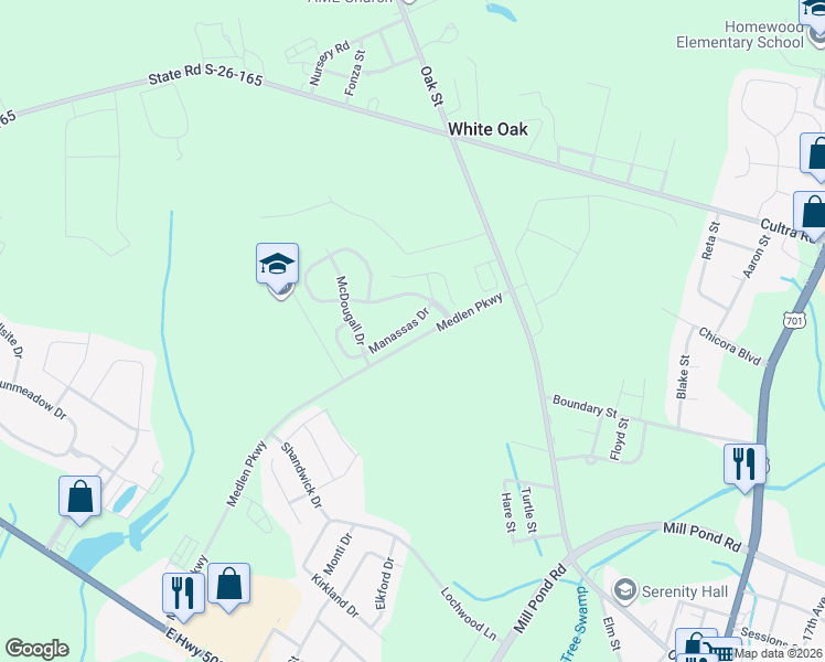 map of restaurants, bars, coffee shops, grocery stores, and more near 1052 Manassas Drive in Conway