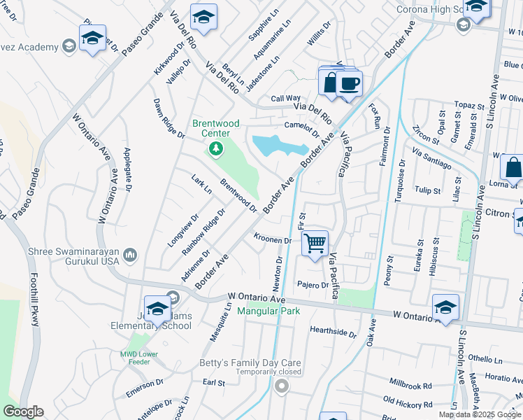 map of restaurants, bars, coffee shops, grocery stores, and more near 1411 Brentwood Drive in Corona