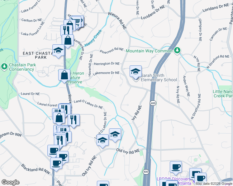 map of restaurants, bars, coffee shops, grocery stores, and more near 3994 Whittington Drive Northeast in Atlanta