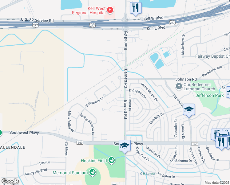map of restaurants, bars, coffee shops, grocery stores, and more near 4501 Trailwood Drive in Wichita Falls