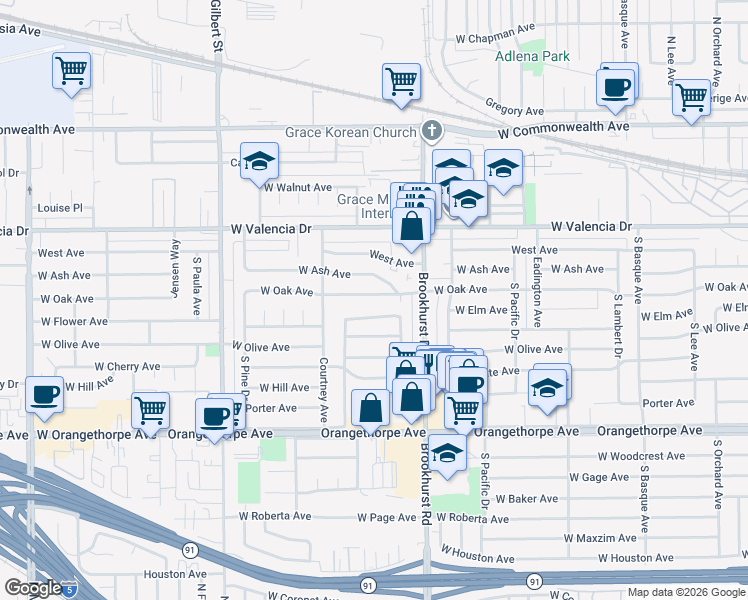 map of restaurants, bars, coffee shops, grocery stores, and more near 1852 West Oak Avenue in Fullerton