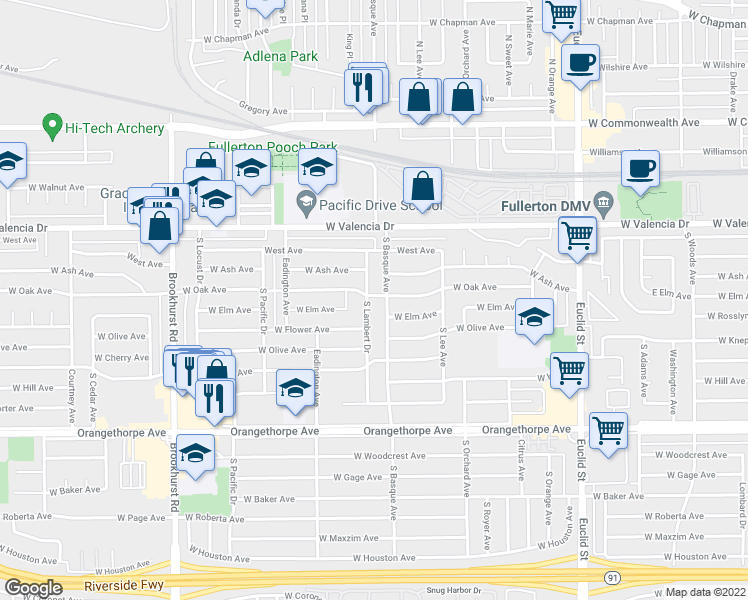 map of restaurants, bars, coffee shops, grocery stores, and more near 600 South Lambert Drive in Fullerton