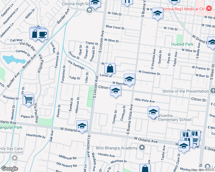 map of restaurants, bars, coffee shops, grocery stores, and more near 1025 Citron Street in Corona