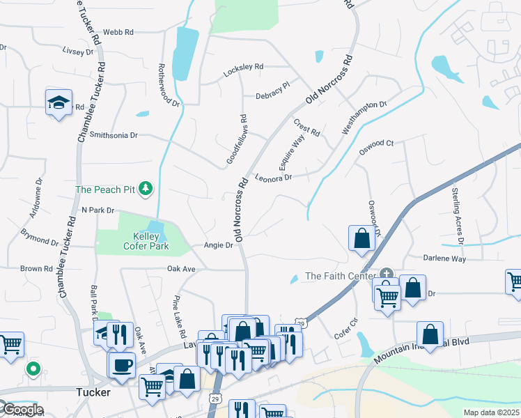 map of restaurants, bars, coffee shops, grocery stores, and more near 3644 Lakeside Court in Tucker