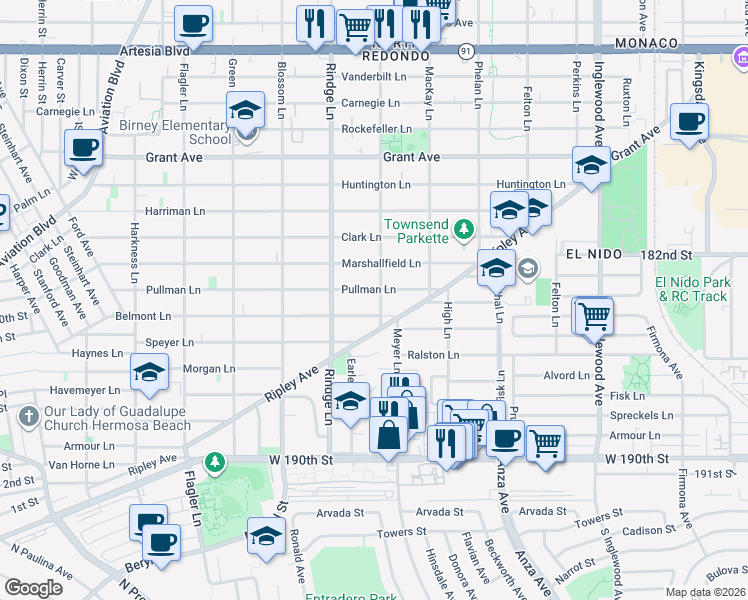 map of restaurants, bars, coffee shops, grocery stores, and more near 1007 Slauson Lane in Redondo Beach