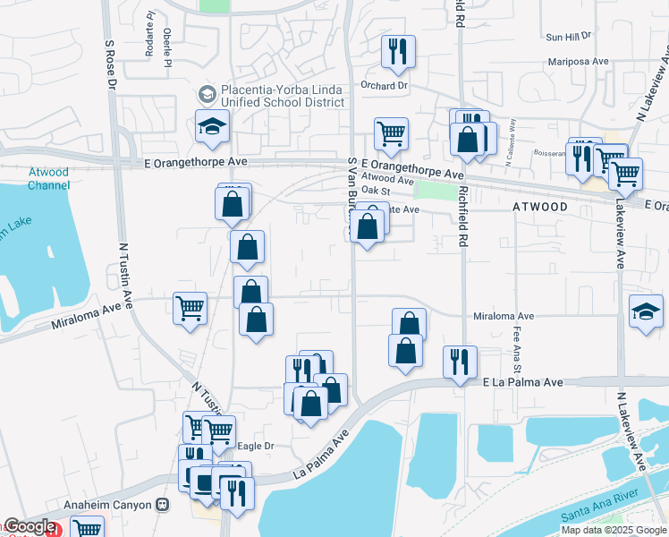 map of restaurants, bars, coffee shops, grocery stores, and more near 1365 South Van Buren Street in Placentia