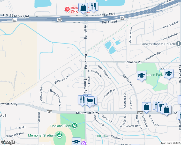 map of restaurants, bars, coffee shops, grocery stores, and more near 4611 Summit Drive in Wichita Falls