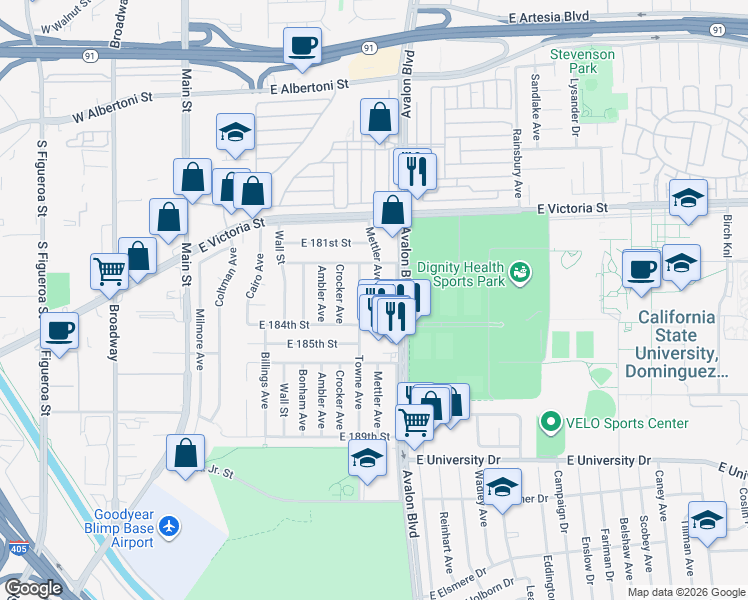 map of restaurants, bars, coffee shops, grocery stores, and more near 18309 Mettler Avenue in Carson