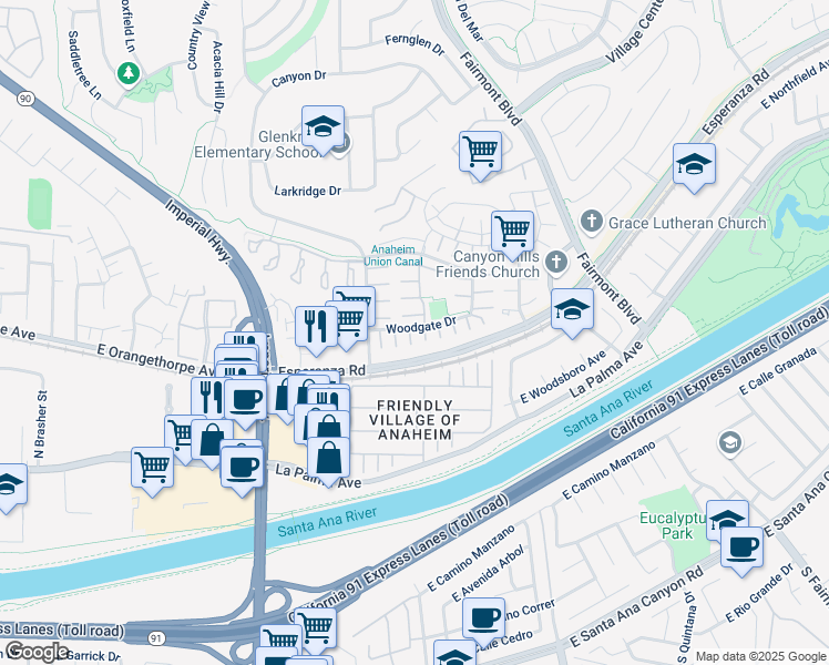 map of restaurants, bars, coffee shops, grocery stores, and more near 6802 Cedar Grove Court in Yorba Linda