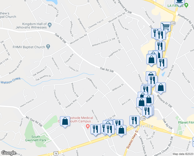 map of restaurants, bars, coffee shops, grocery stores, and more near 2001 Hemlock Trail Southwest in Snellville