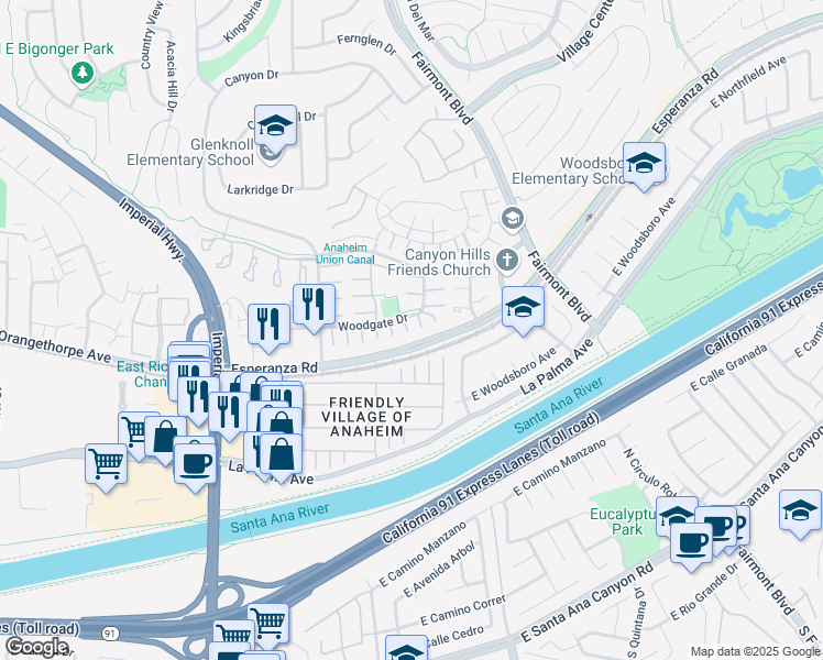 map of restaurants, bars, coffee shops, grocery stores, and more near 6812 Rocky Grove Court in Yorba Linda