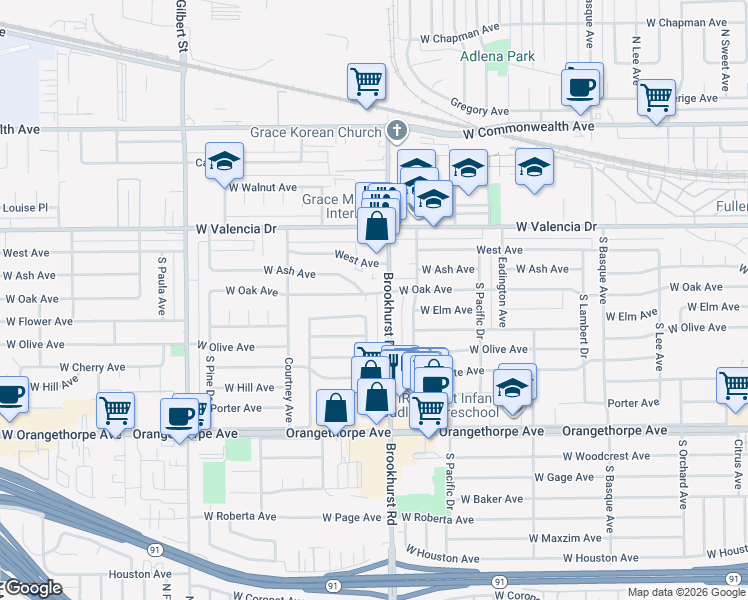 map of restaurants, bars, coffee shops, grocery stores, and more near 1808 West Oak Avenue in Fullerton