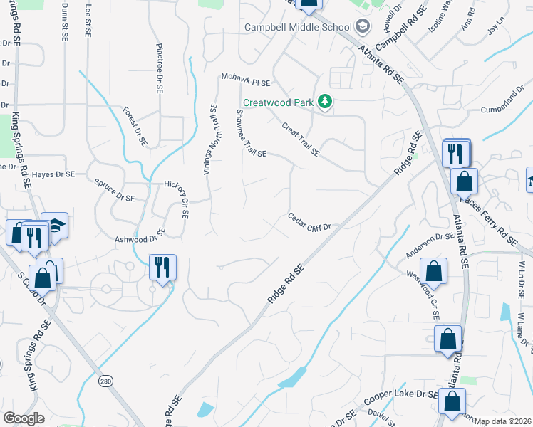 map of restaurants, bars, coffee shops, grocery stores, and more near 3815 Cedar Cliff Court Southeast in Smyrna