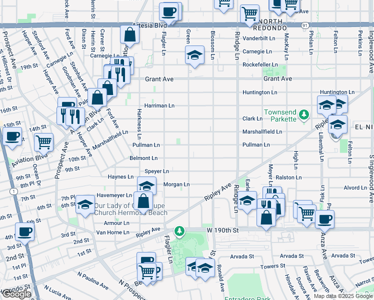 map of restaurants, bars, coffee shops, grocery stores, and more near 1011 Green Lane in Redondo Beach
