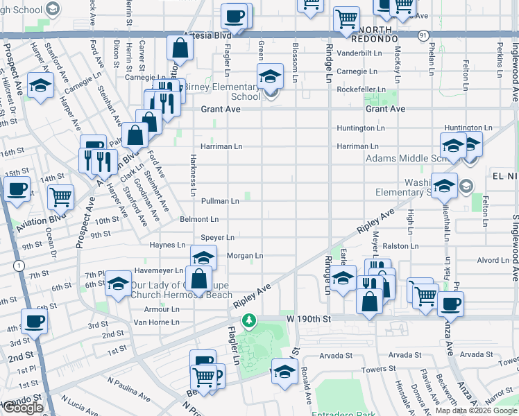 map of restaurants, bars, coffee shops, grocery stores, and more near 1011 Green Lane in Redondo Beach