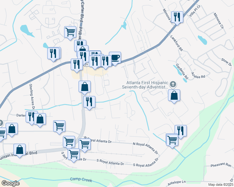 map of restaurants, bars, coffee shops, grocery stores, and more near 5029 Leeshire Trail in Tucker