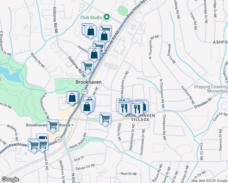 map of restaurants, bars, coffee shops, grocery stores, and more near 2646 Green Meadows Lane Northeast in Atlanta