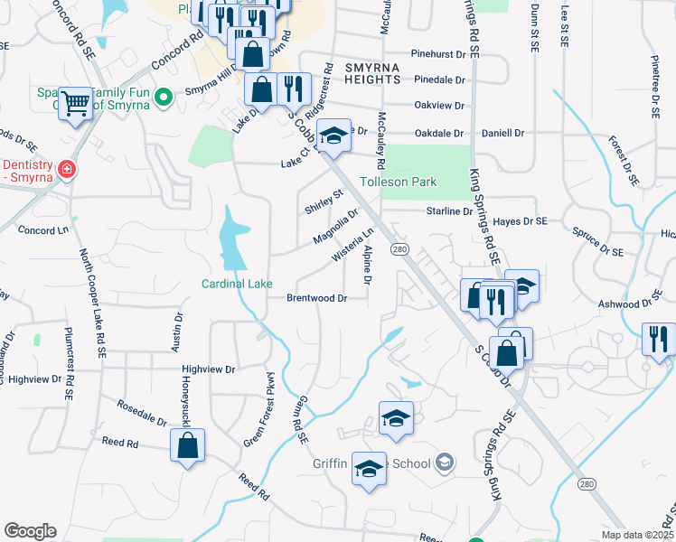 map of restaurants, bars, coffee shops, grocery stores, and more near 3686 Crestview Drive in Smyrna