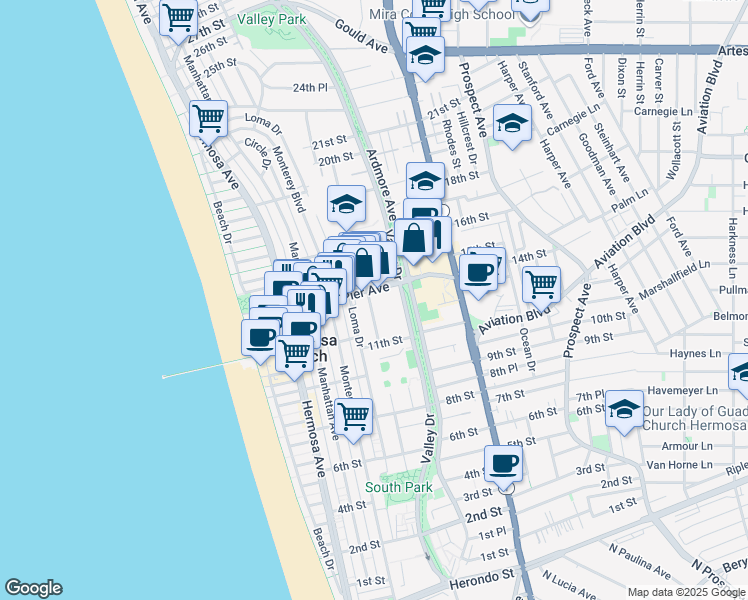 map of restaurants, bars, coffee shops, grocery stores, and more near 1184 Cypress Avenue in Hermosa Beach