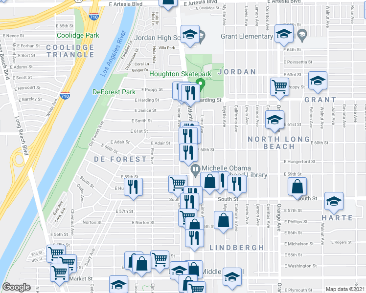 map of restaurants, bars, coffee shops, grocery stores, and more near 6010 Linden Avenue in Long Beach