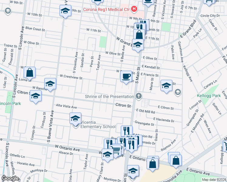 map of restaurants, bars, coffee shops, grocery stores, and more near 1686 South Belle Avenue in Corona
