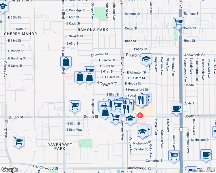 map of restaurants, bars, coffee shops, grocery stores, and more near 3340 East Saint Francis Place in Long Beach