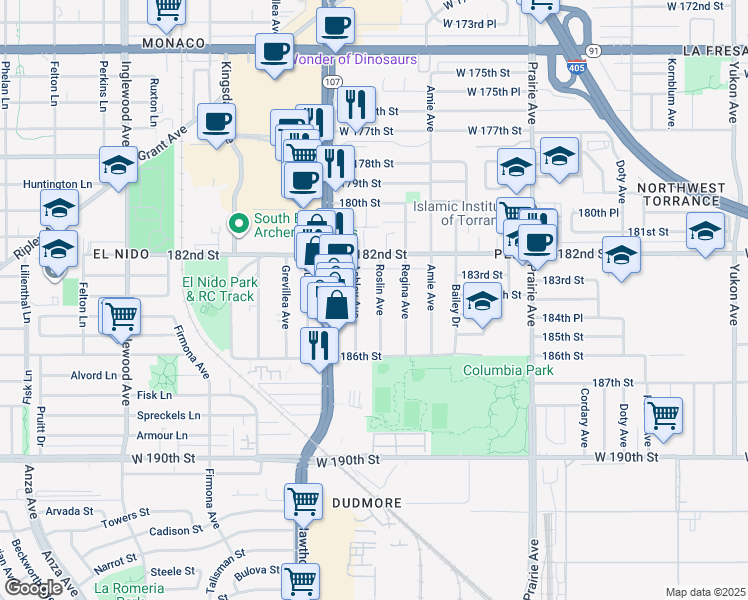 map of restaurants, bars, coffee shops, grocery stores, and more near 18336 Roslin Avenue in Torrance