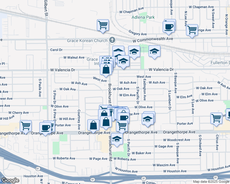 map of restaurants, bars, coffee shops, grocery stores, and more near 607 South Locust Drive in Fullerton