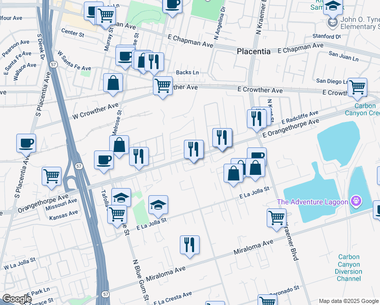map of restaurants, bars, coffee shops, grocery stores, and more near 320 Lakepark Drive in Placentia