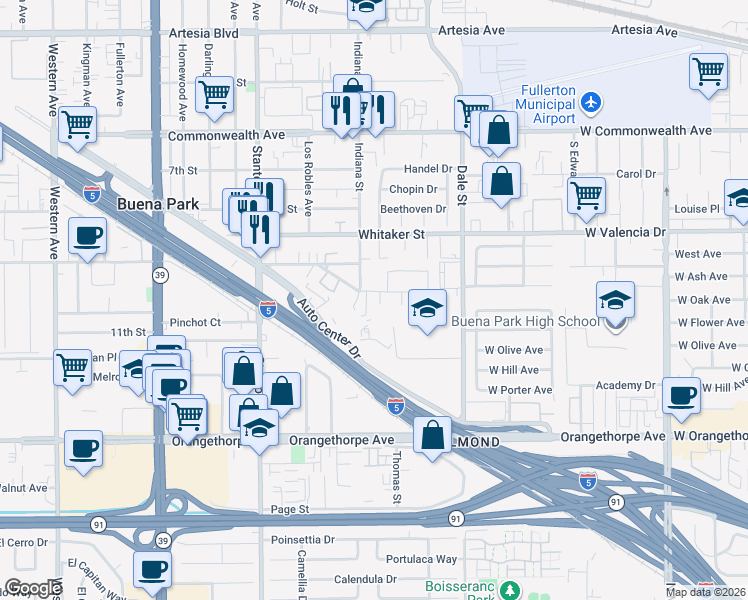map of restaurants, bars, coffee shops, grocery stores, and more near 6582 Arizona Street in Buena Park