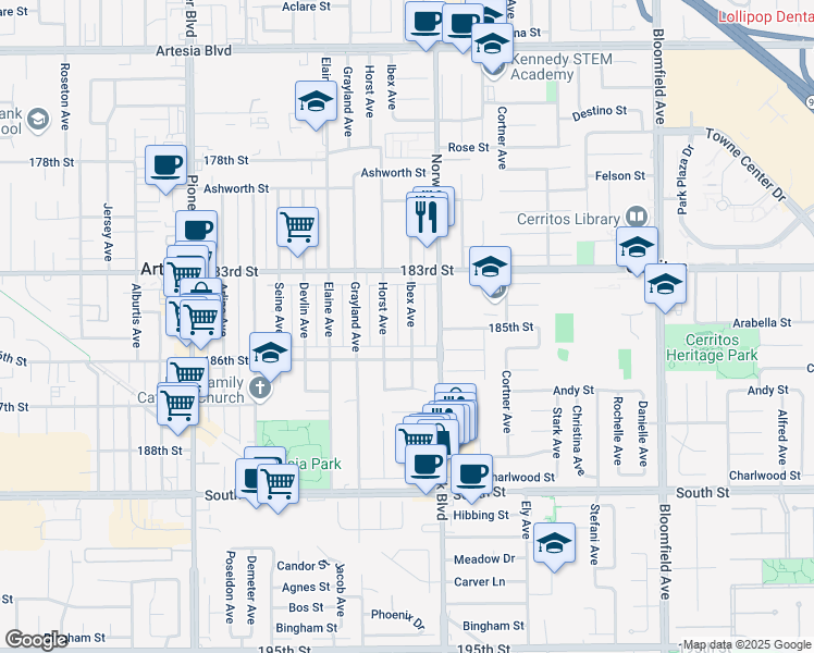 map of restaurants, bars, coffee shops, grocery stores, and more near 18429 Ibex Avenue in Artesia