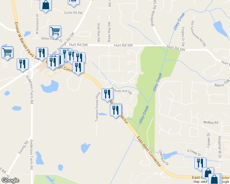 map of restaurants, bars, coffee shops, grocery stores, and more near 2249 Asquith Avenue Southwest in Marietta